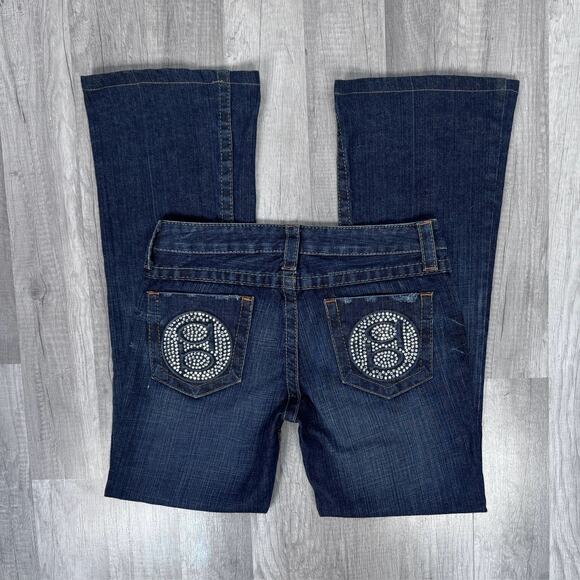 Y2K Bebe Rhinestone Logo Jeans Bootcut Dark Wash Low Rise Denim Size 27 USA Made - Picture 1 of 7